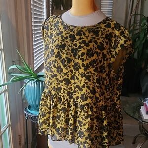 Ann Taylor Factory Chartreuse and Black Floral Peplum Blouse, SZ XL